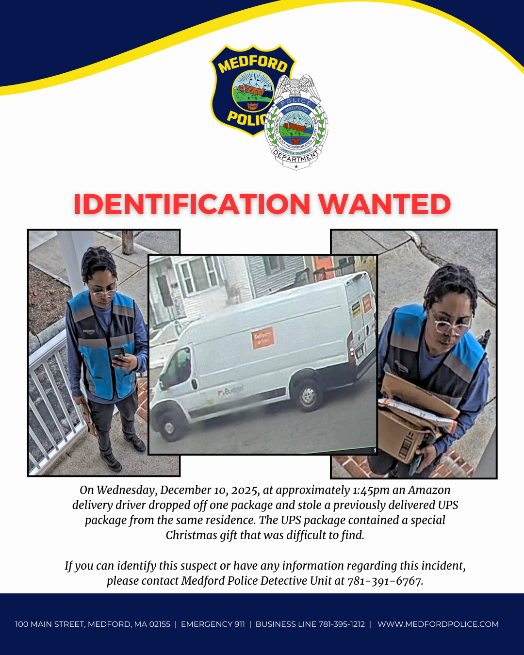 Medford Police seeking ID of suspect in theft of UPS package