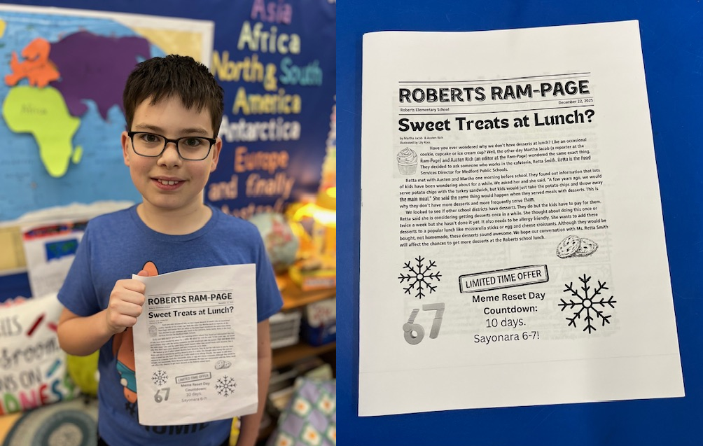 Medford third-grader’s idea becomes school newspaper at Roberts Elementary School